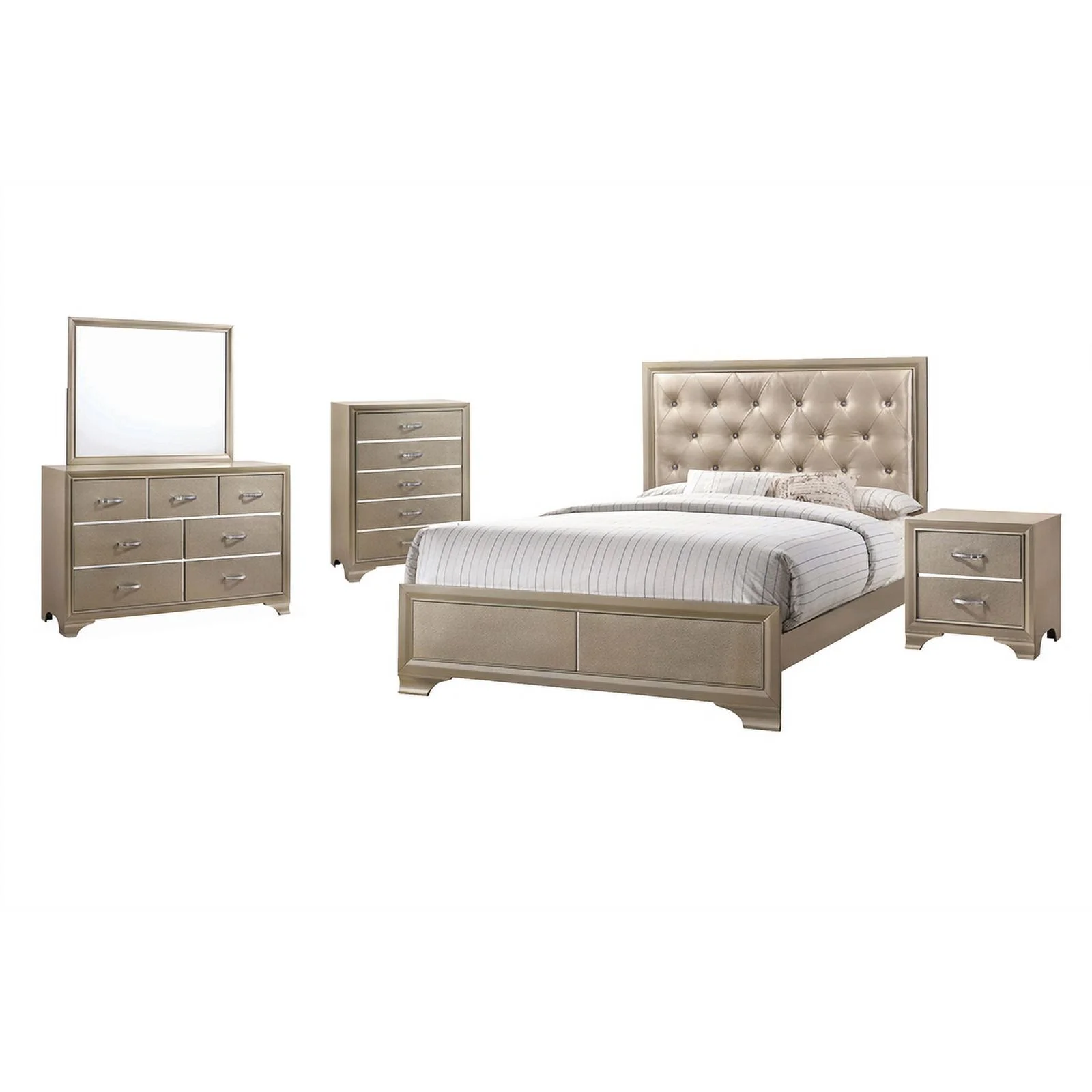 Maklaine Contemporary 5-piece Queen Wood Bedroom Set in Champagne Gold