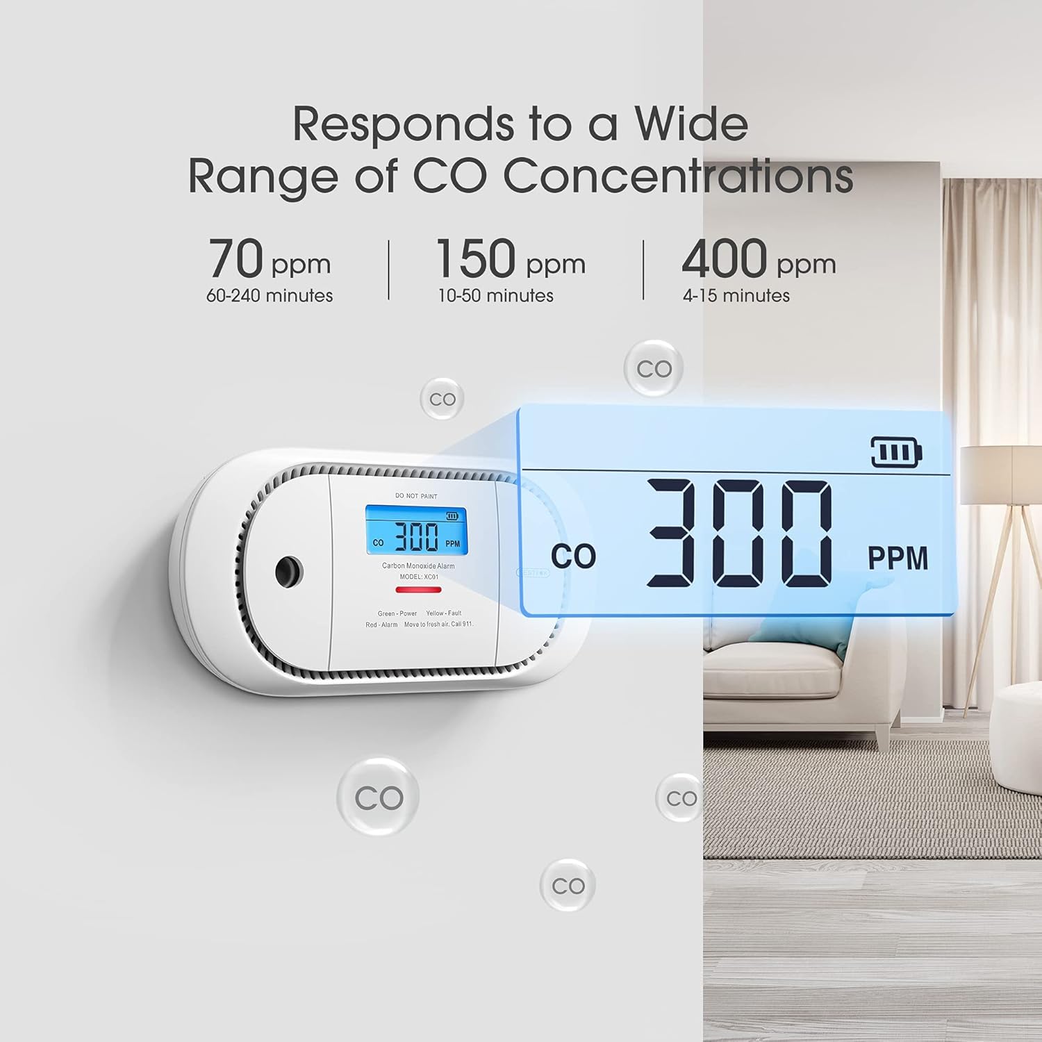 X-Sense Wireless Interconnected Carbon Monoxide Detector, Replaceable Battery Powered CO Alarm with Digital Display and Peak Value Memory, XC01-WR, Pack of 2