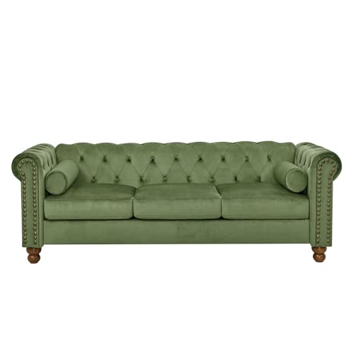 74.5" Velvet 3 Seater Sofa Sofa Couch Chesterfield Sofa Tufted Couch with 2 Pillows for Living Room Apartment Office Lounge Green