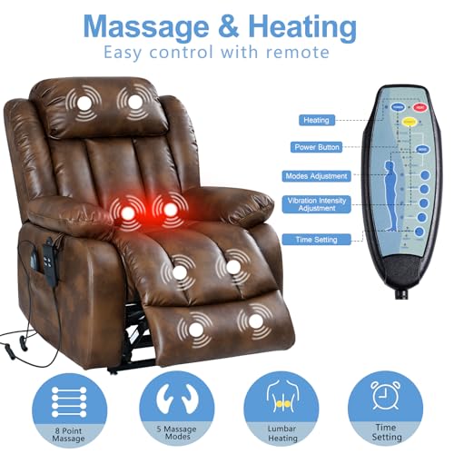 Large Power Lift Chairs Recliners for Elderly with Heated and Massage,Infinite Position Overstuffed Wide Power Lift Recliner，4 Positions, Breathable Leather, USB Ports and Remote Controls (Dark Blue)