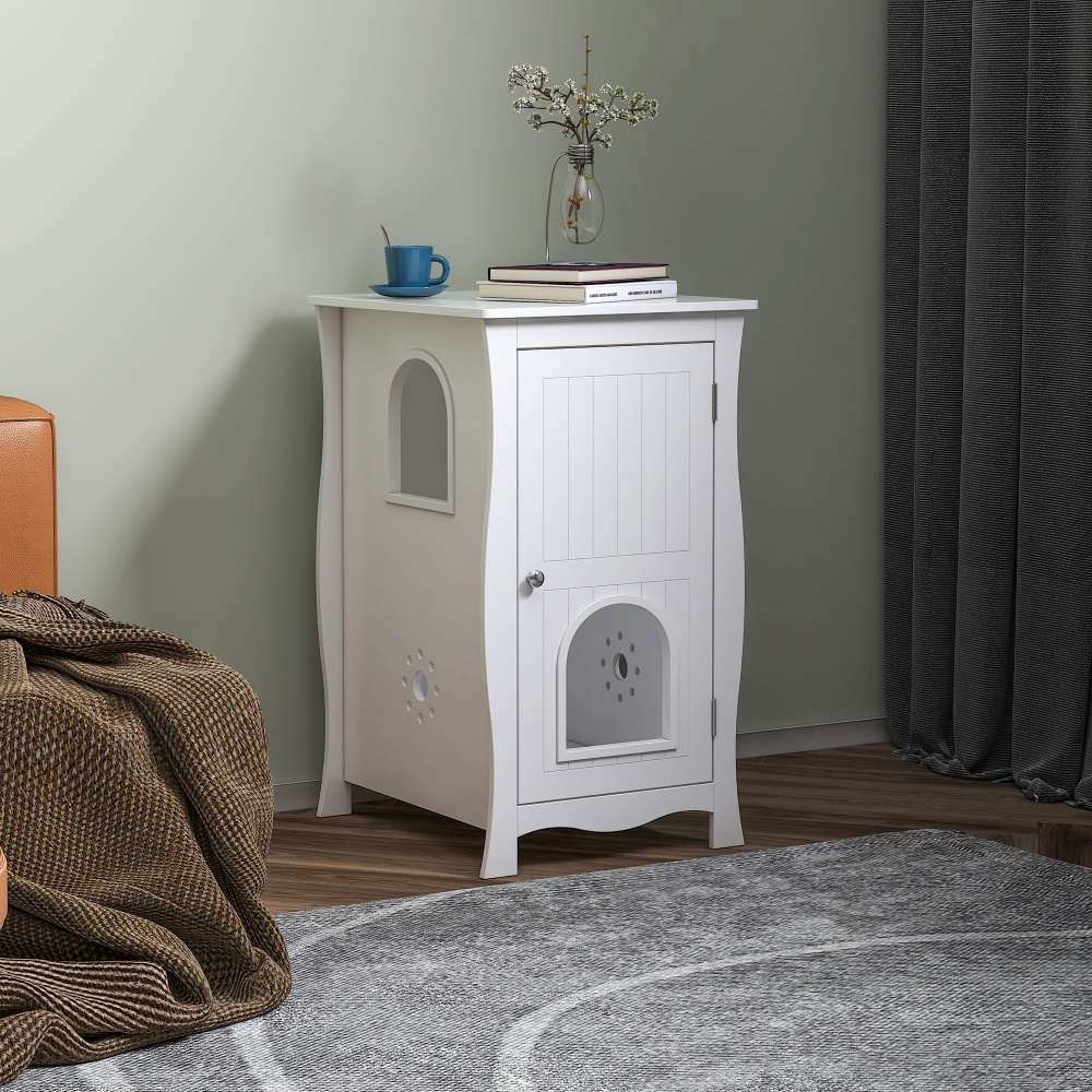 Jolly Jaunts Cat Litter Box Enclosure, 180 degree opening and closing 2 layers Wooden Hidden Litter Box Furniture with Vent Holes Cat House Side Table for Bedroom, Living Room, Small Pet, Kitten Kitty