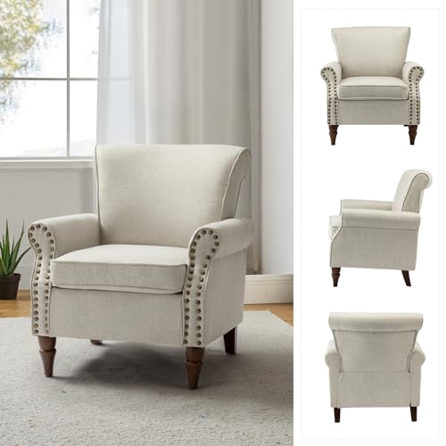 HULALA HOME Modern Accent Chair with Wooden Legs & Nailhead Trim, Small Fabric Club Chair, Comfy Upholstered Armchair Lounge Chair for Bedroom Living Room Single Sofa(Ivory)