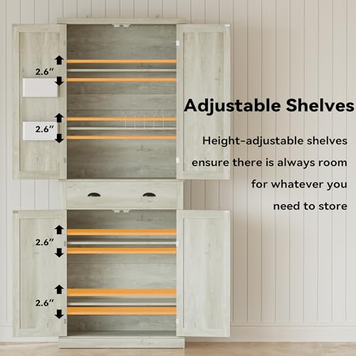 IRONCK Kitchen Pantry Storage Cabinet 72.6" H, with Barn Doors, Drawer, 4 Adjustable Shelves, Freestanding Cupboard for Dining Room Living Room, Laundry, White