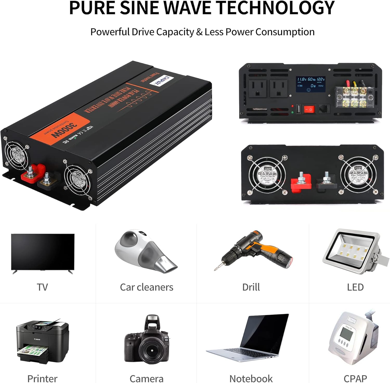 Power Inverter,3000W Pure Sine Wave Inverter DC 12V to AC 120V Car Inverter with LCD Digital Display Remote Control USB Port Power Converter for Travel/Camping