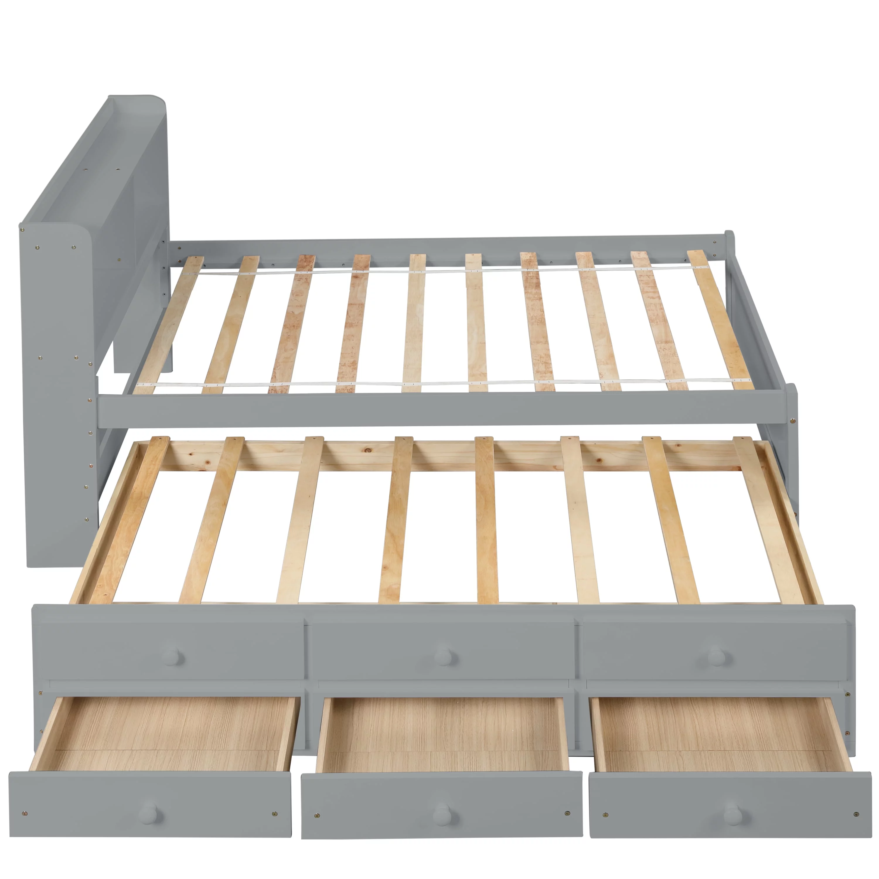Twin Bed Frame with Bookcase Headboard,Wooden Twin Size Platform Bed with Trundle and 3 Storage Drawers,Twin Storage Bed for Kids Girls Boys,No Box Spring Needed,Grey