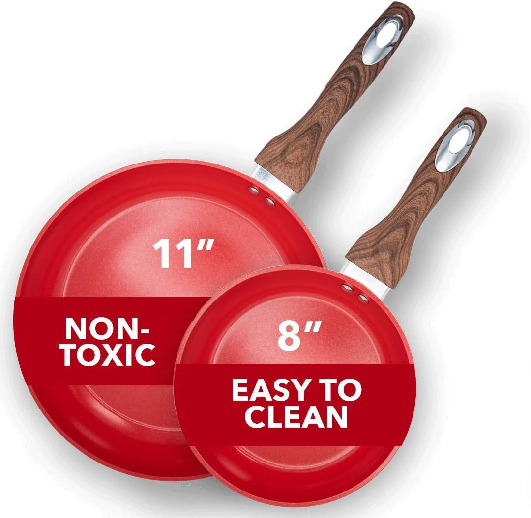 Phantom Chef 8” & 11 Frying Pan Set | Pure Aluminum Nonstick Frying Pan Set With Easy Clean Ceramic Coating | Soft Touch Stay Cool Handle | PTFE PFOA Lead and Cadmium Free Fry Pan | 2 Piece | Yellow