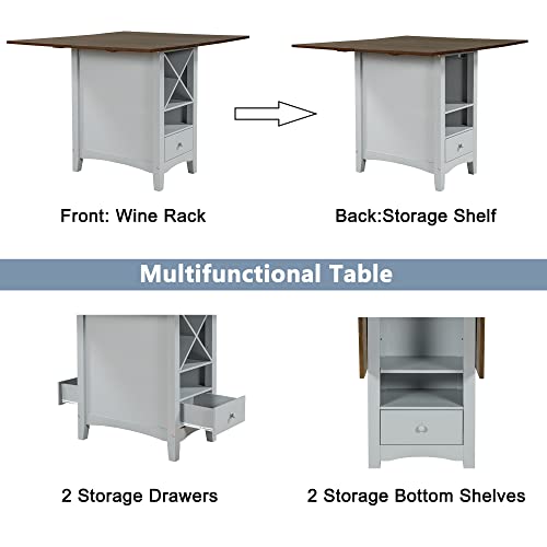 Counter Height Wood 5-Piece Dining Table Set with Drop Leaf, Space-Saving Kitchen Table Set with Wine Rack and Drawers, Rectangular Dining Table & 4 Chairs, Cherry+Gray