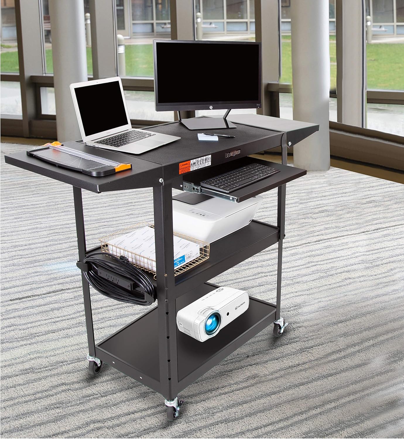 Line Leader Large AV Cart with Drop Leaves | Height Adjustable Utility Cart | Includes Pullout Keyboard Tray & Cord Management | Easy Assembly (54in x 18in x 42in / Black)
