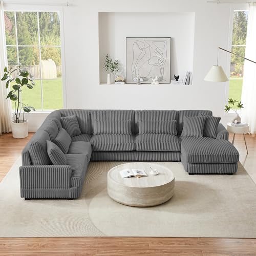 Oversized U-Shaped Sectional Sofa Couch Plush Corduroy Upholstered Modular Deep Seat Sofa&Couch Sectional W/Right Facing Chaise Lounge and 7 Toss Pillows for Home Apartment Living Room Furniture Sets