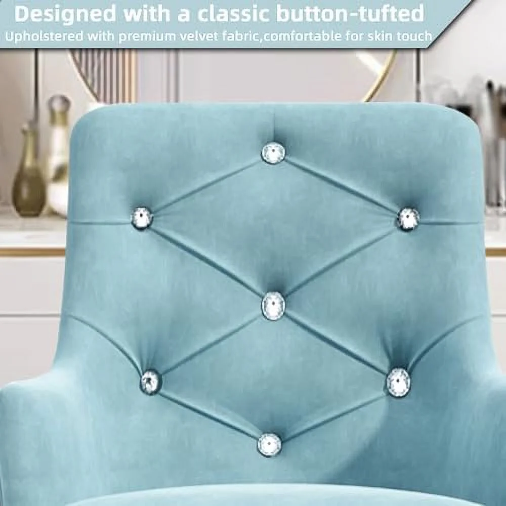 Blue Vanity Chair with Back  Velvet Desk Chair for Makeup Room  Cute Swivel Vanity Chair with Rolling Wheels  Blue Fluffy Desk Chair for  Office  Vanity Chair for Girls