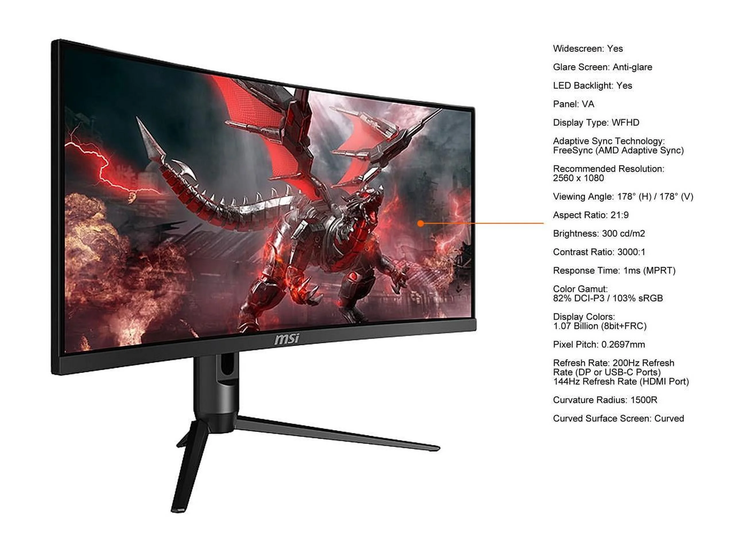 MSI Optix MAG301CR2 30" WFHD 2560 x 1080 1ms (MPRT) 200Hz HDMI, DisplayPort, USB FreeSync (AMD Adaptive Sync) Curved Gaming Monitor