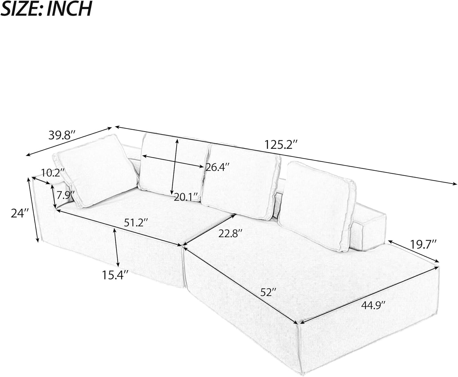 125" Stylish Chaise Lounge Modern Indoor Lounge Sofa Sleeper Sofa with Clean Lines for Living Room, Grey