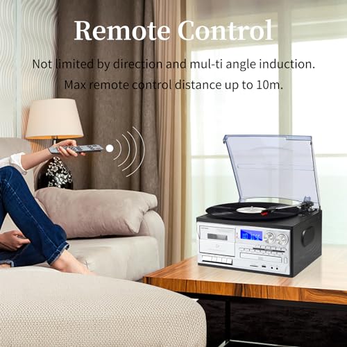 9 in 1 Record Player with External Speakers,3 Speed Bluetooth Turntable Vinyl Player with CD/Cassette Play,AM/FM Radio, USB SD/MMC Play, Aux-in/RCA Line Out