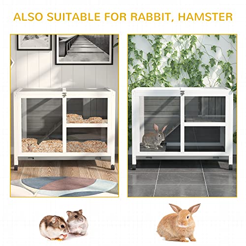 PawHut Indoor Rabbit Hutch with Wheels, Desk and Side Table Sized, Wood Rabbit Cage, Waterproof Small Rabbit Cage, Natural