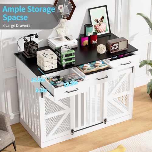48'' Dog Crate Furniture with Removable Divider & Storage Drawers, Wooden Double Dog Cage TV Stand with 2 Sliding Barn Doors, Multi-Functional Dog Crate End Table for Indoor use (White)