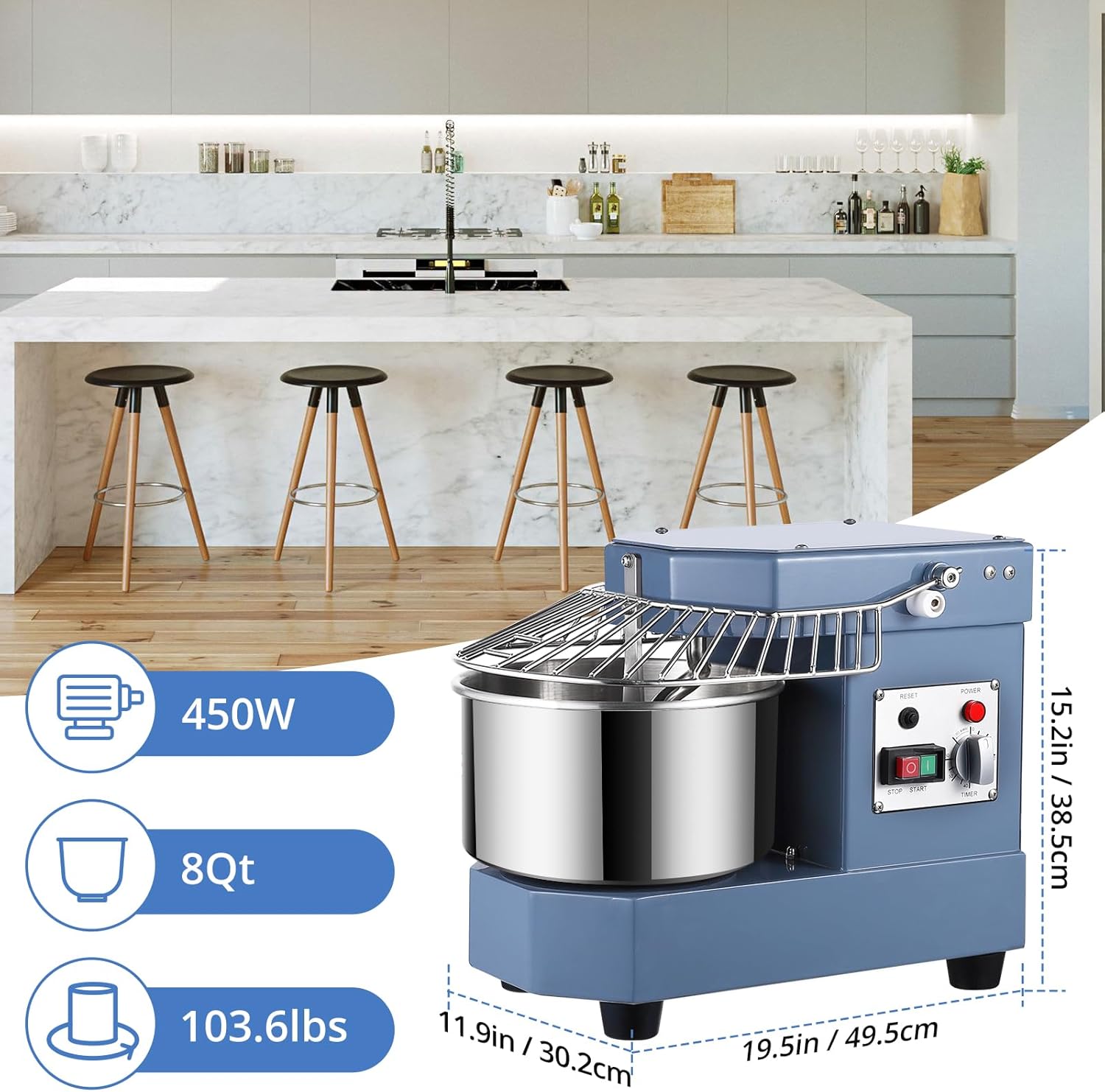 Commercial Dough Mixer, 8Qt Capacity Stainless Steel Bowl, 450W Dual Rotating Dough Kneading Machine with Security Shield & Timer Included, Baking Equipment for Restaurant Pizzeria