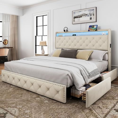 King Size Bed Frame with LED lights & USB Charging Station, Velvet Upholstered Platform Bed with Storage Headboard and 4 Drawers, No Box Spring Needed, Easy Assembly, Beige