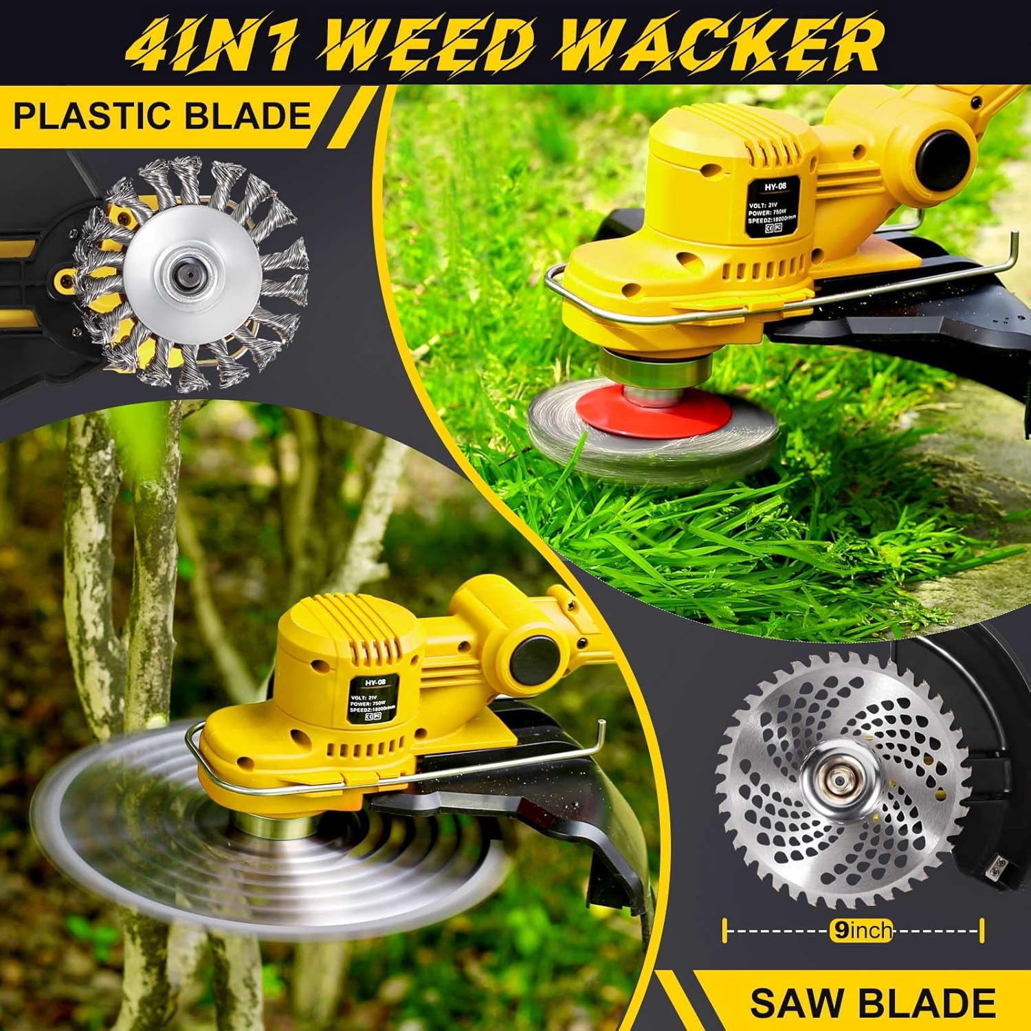 Weed Wacker Cordless, 4-in-1 Weed Eater Battery Powered, 21V Electric Weed Eater, with 2 x 4.0Ah Batteries, String Trimmer, for Lawn, Yard and Bush Trimming