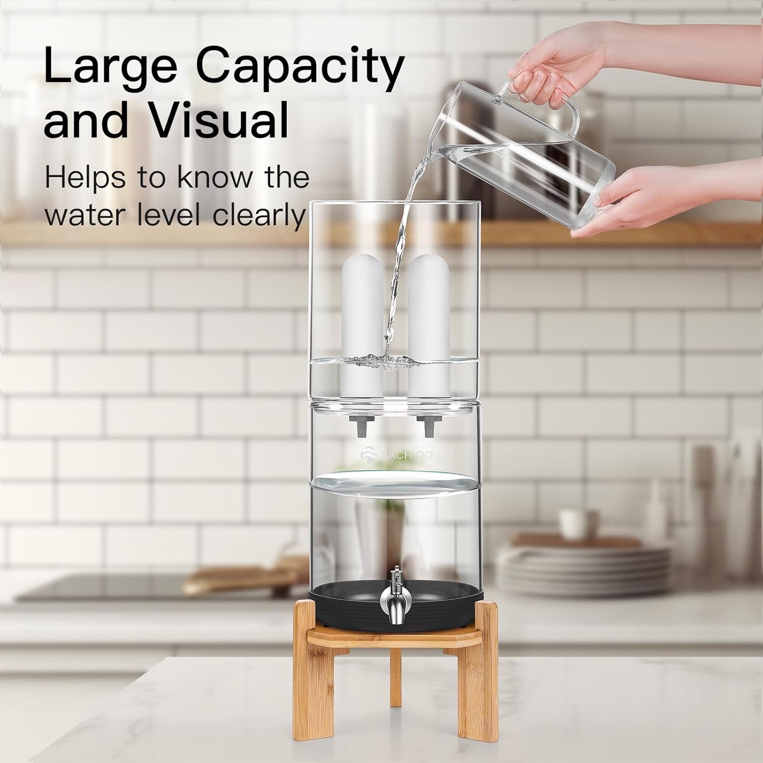 All Glass Gravity-fed Water Filter System, 2.25-Gallon All Glass Water Purifier with 4 Filters (2 Black Filter, 2 Ceramic Filter, 7 Inch Stand, Protective Sleeve), Reduces 99% Chlorine