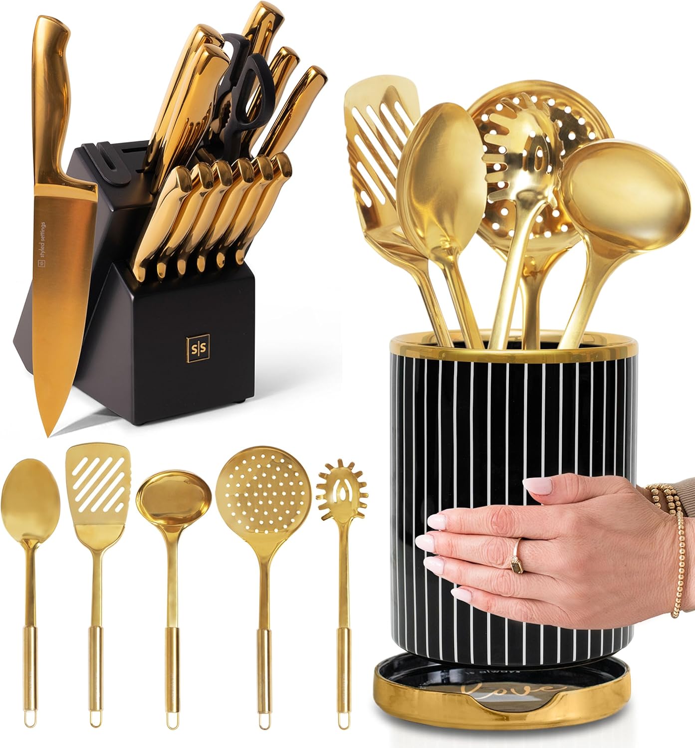 Black and Gold Knife Set with Block Self Sharpening, Black Utensil Holder with Built-In Ceramic Spoon Rest and Gold Cooking Utensils Set-21 Piece Luxe Black and Gold Kitchen Accessories