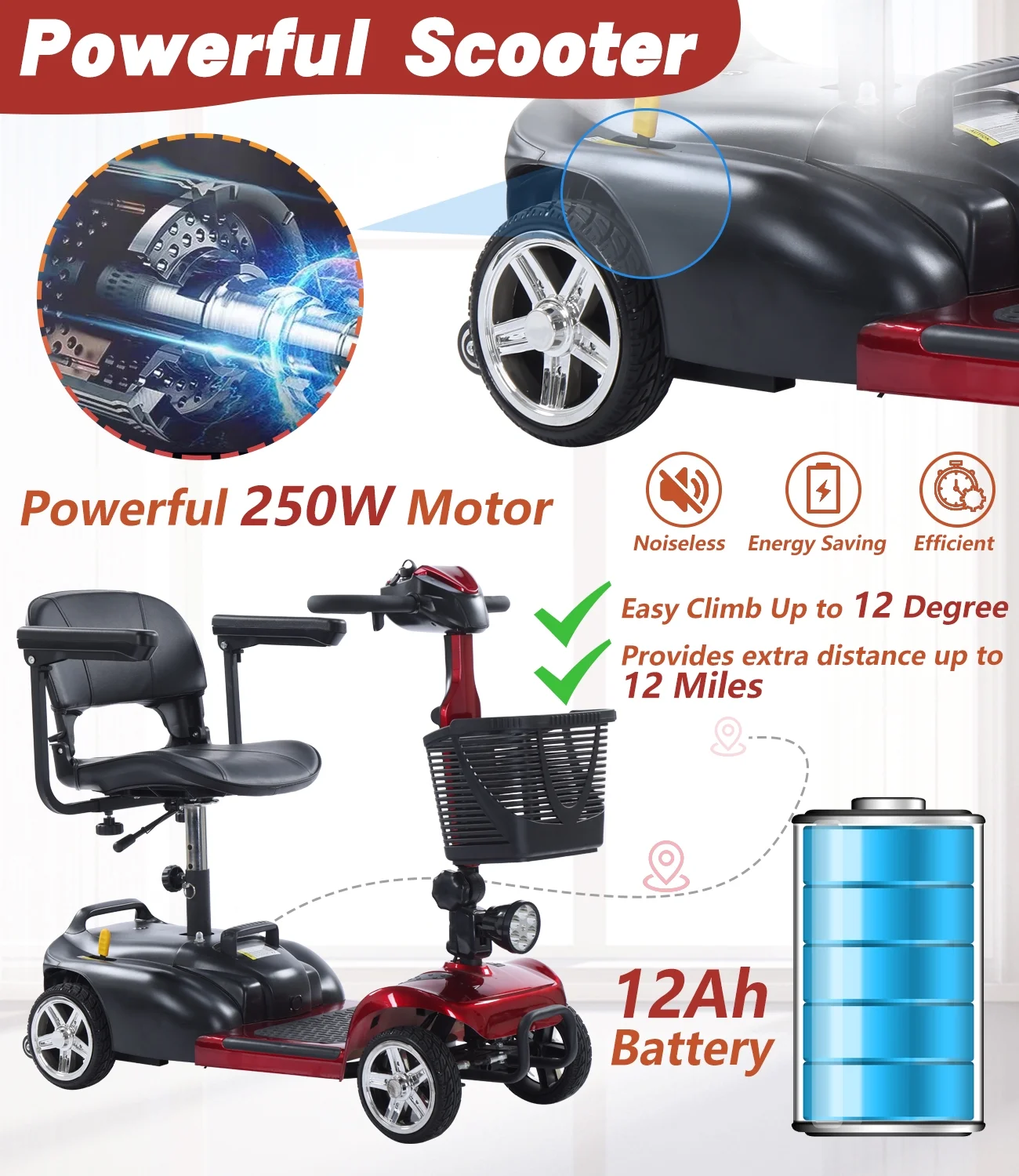 EazinGo 4 Wheel Mobility Scooter, Luxury Travel Scooters for Adults Support 300Lbs- Red