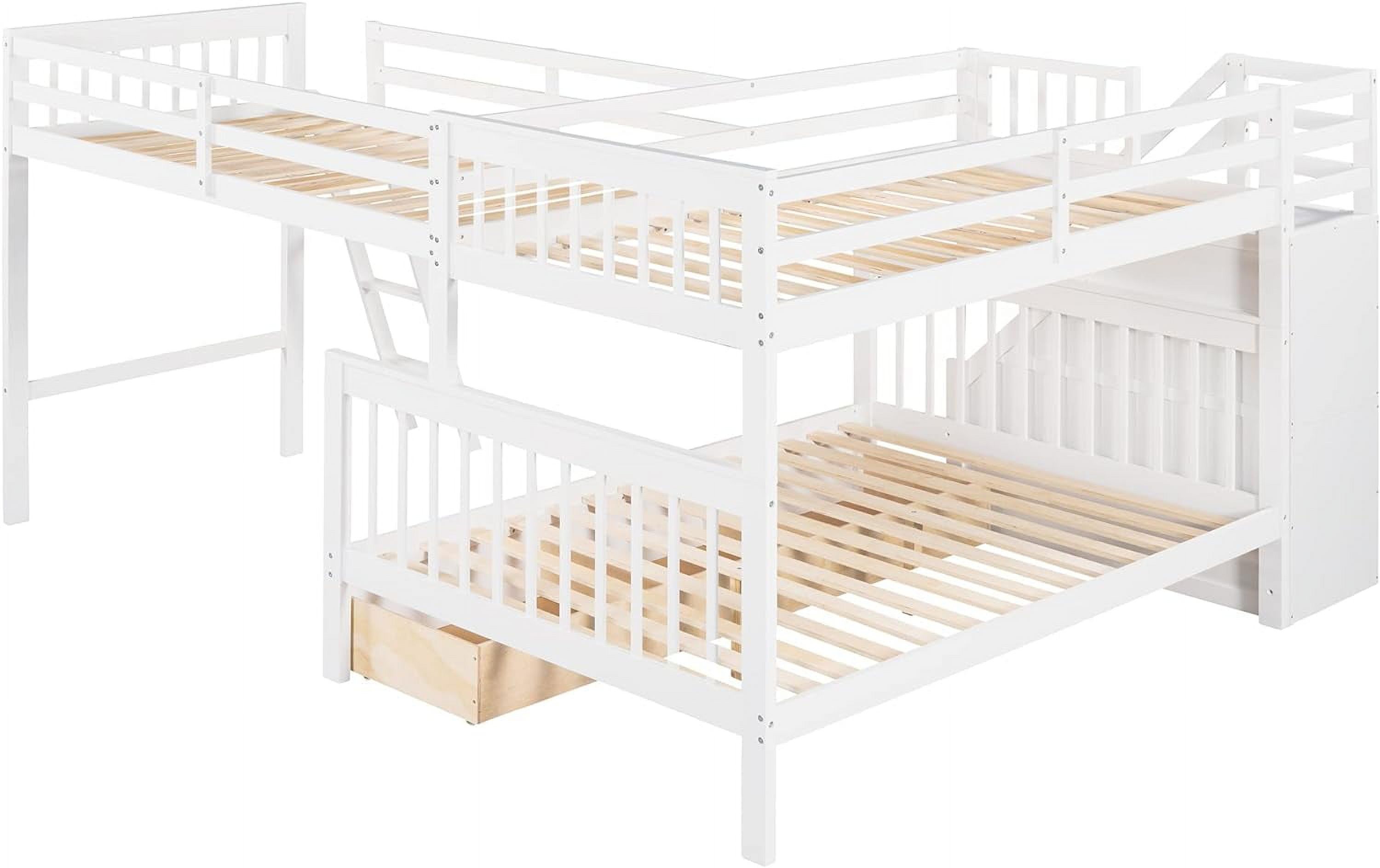 L Shaped Bunk Beds For 3, Triple Bunk Bed With Stairs And 3 Storage Drawers, Over Full Bunk Bed With Size Loft Bed Attached, Wooden Bunk Bed Frame For Kids Teens Adults (White)