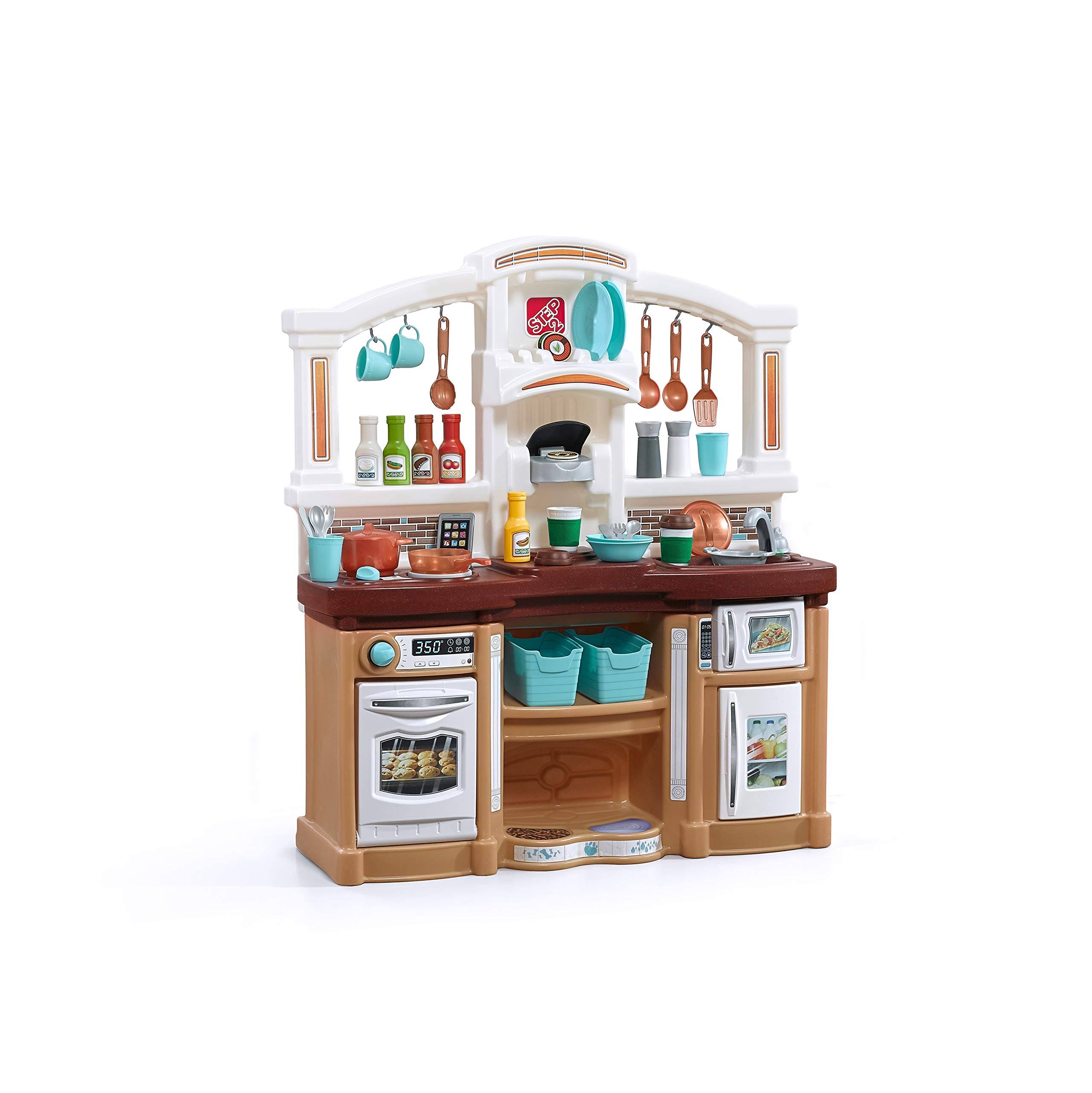 Step2 Fun with Friends Kitchen | Large Plastic Play Kitchen with Realistic Lights u0026 Sounds | Brown Kids Kitchen Playset u002