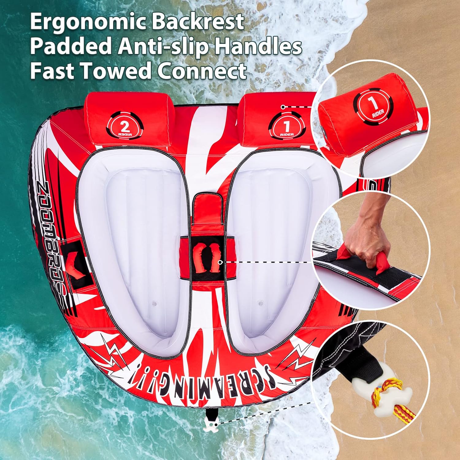 ZOOMBROS Towable Tubes for Boating 2 Person, Water Tubes for Boats to Pull, Safety Inflatable Boat Tubes and Towables, Water Sport Towables with Drainage, Quick Connector, Large Capacity