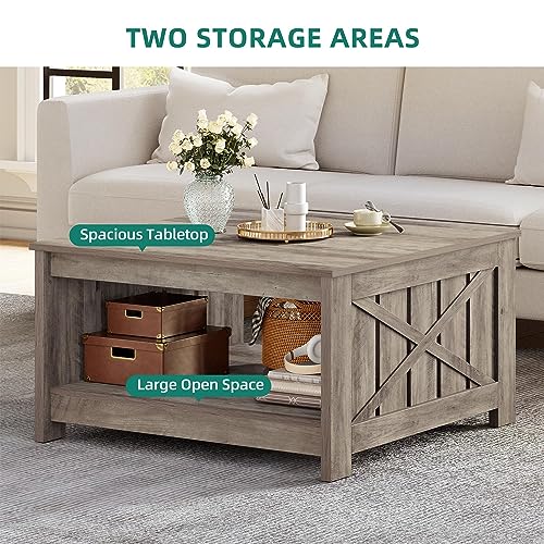 YITAHOME Coffee Table Farmhouse Coffee Table with Storage Rustic Wood Cocktail Table,Square Coffee Table for Living Meeting Room with Half Open Storage Compartment,Brown