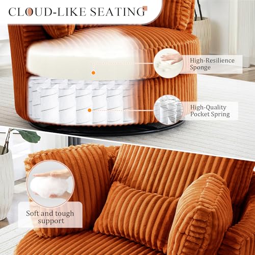 Chair and A Half with Ottoman, 360° Swivel Accent Barrel Chair Modern Comfy Round Reading Sofa Swivel Chairs Circle Lounge Chair for Bedroom Living Room w/4 Pillow Lower Seating Heigh (White, Large)