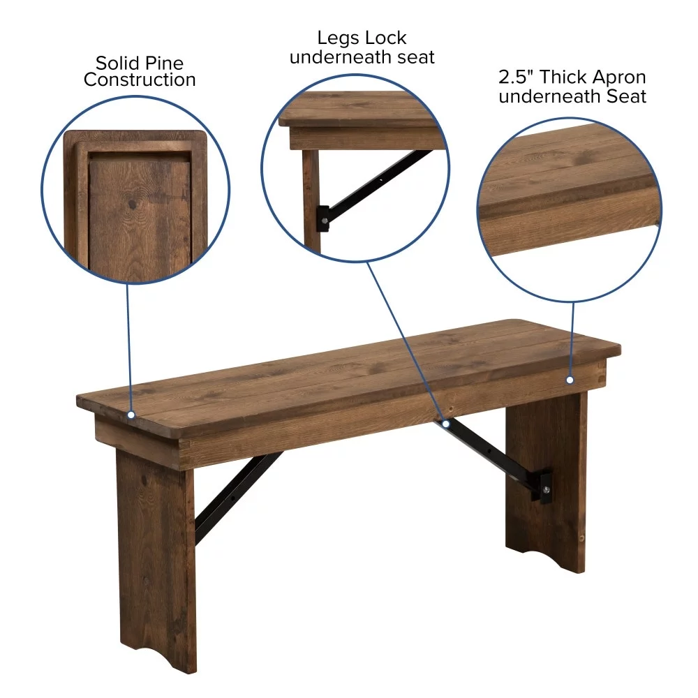 Lancaster Home 40" x 12" Antique Rustic Solid Pine Folding Farm Bench Antique Rustic Solid Wood