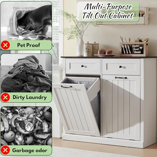 Tilt Out Laundry Hamper Cabinet, 10 Gallon Farmhouse Trash Can Cabinet with Drawer, Hidden Wood Garbage Can Bin Cabinet with Laundry Storage Basket for Bathroom, Kitchen, White