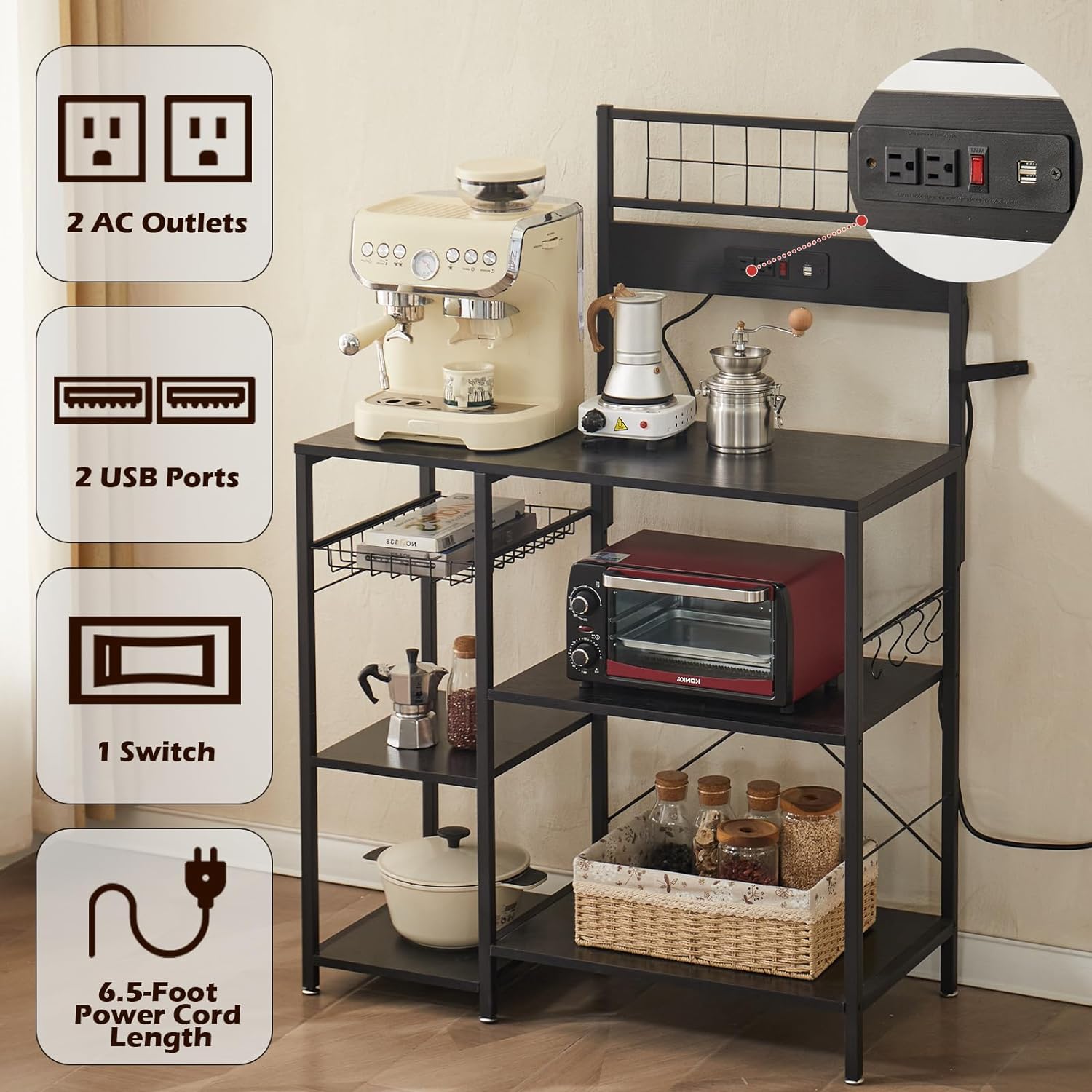 FJU Kitchen Bakers Rack with Power Outlet, Microwave Stand, Kitchen Storage Rack with Wire Basket, 6 Hooks, Kitchen Shelves for Spices, Pots, and Pans, Black