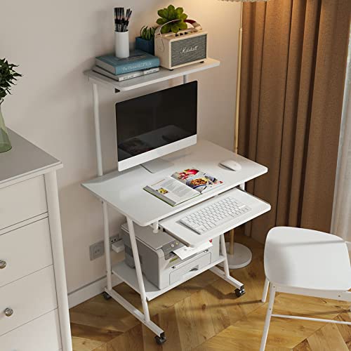 Small Computer Desk with Storage Shelves, Portable Rolling Computer Desk Study Table, Compact PC Laptop Workstation for Home Office