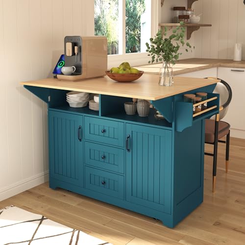 Foldable White 55.7 Inch Kitchen Storage Island Cart with 2 Drop Leaf Extensions, 5-Wheel Rolling Table, Power Outlet & USB Port, 3 Drawers Spice Rack Towel Holder for Small Spaces