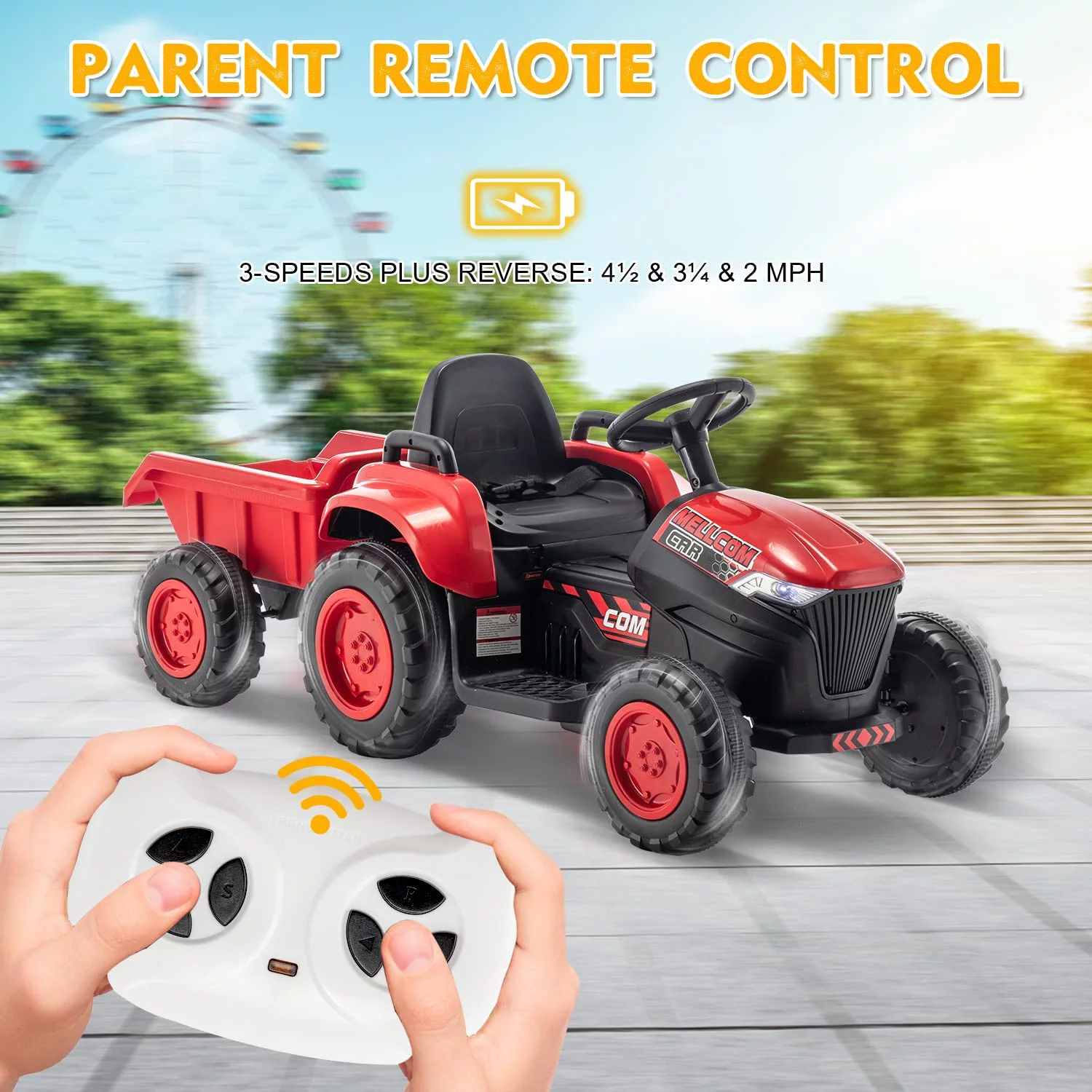 Erommy Kids Ride on Tractor with Remote Control, 12V Battery Powered Electric Tractor with 30W Dual Motors/Cool Lights/Bluetooth Music for Kids, Green