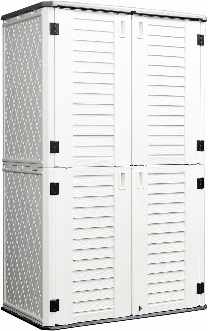 ADDOK Vertical Storage Shed Weather Resistance, Lockable Storage Unit Multi-Function, Durable Outdoor Tool Storage Cabinet for Patio, Garden, Backyards(Ivory White, 51.6 Cubic Feet)