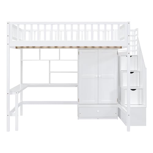 Full Size Loft Bed with Wardrobe Desk Storage Stairs, Wood Loft Bed Frame with Bookcase and Drawers, High Loft Bedframe for Kids Teens Adults, No Box Spring Needed, Espresso