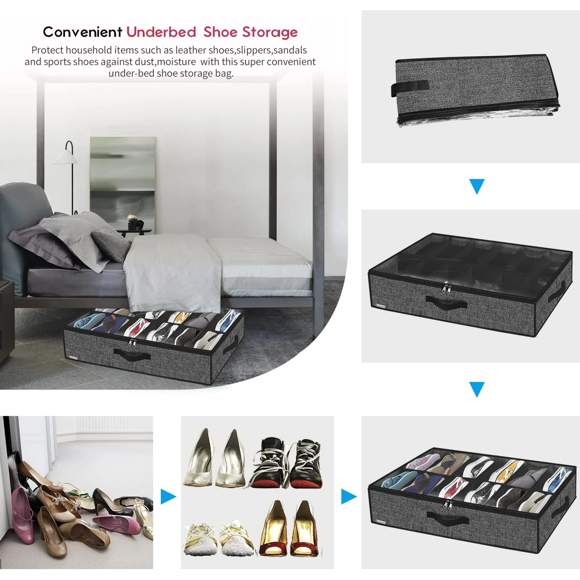 Under Bed Shoe Storage Organizer with Sturdy Handles and Clear Window  Premium Foldable Underbed Shoes Container Box for Closet, Linen-like Black