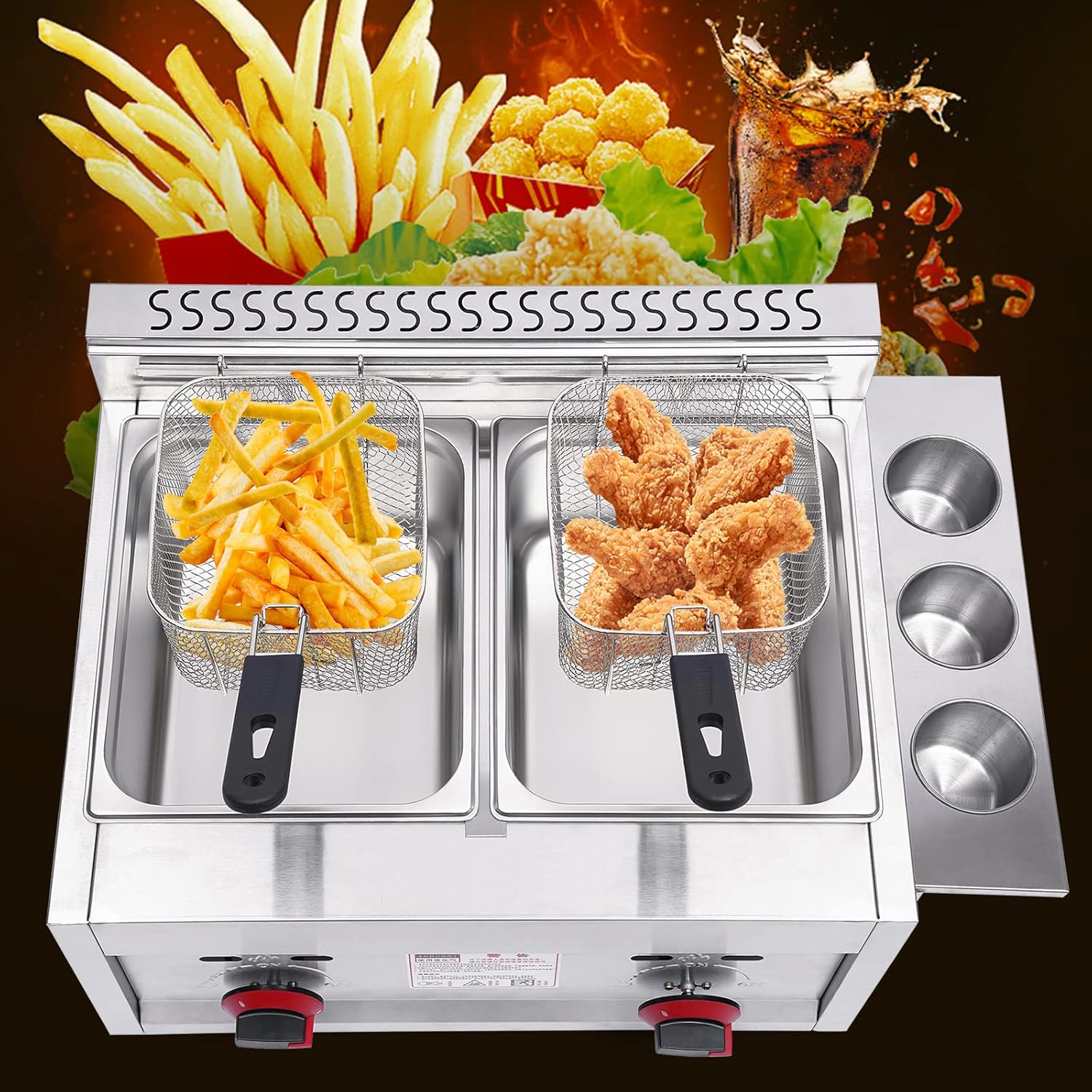 LYNICESHOP Stainless Steel Countertop Gas Fryer, Commercial LPG Gas Deep Fryer with 2 Basket Propane LPG Oil Frying Pot Kitchen Frying Machine Snack Fryer For French Fries Restaurant Home Kitchen