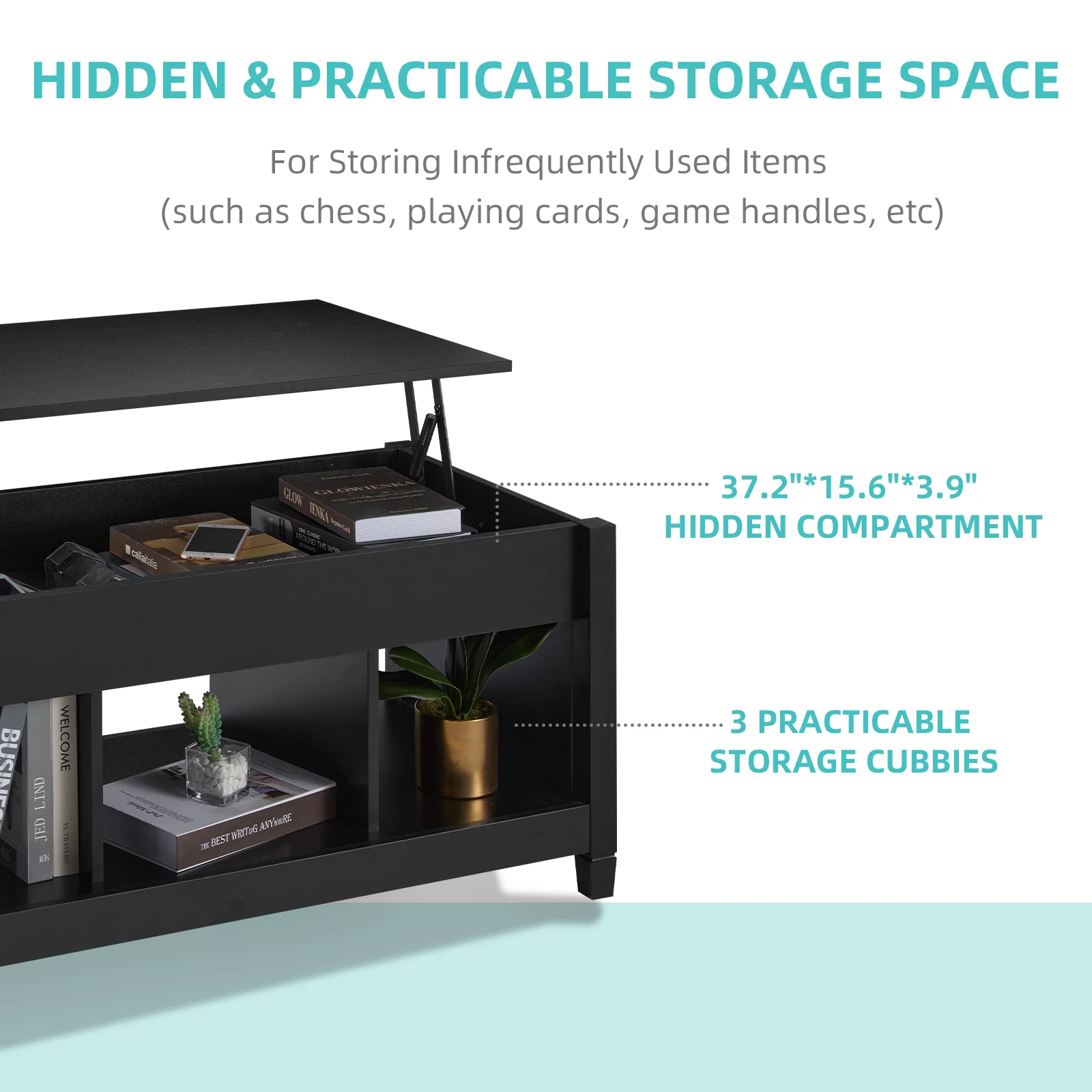 Lift Top Coffee Table, 41" X 19.5" Rising Dining Table w/4” Depth Hidden Storage Compartment & 3 Open Shelves, Coffee Table Lift Top for Reception & Living Room, Office, Small Apartment