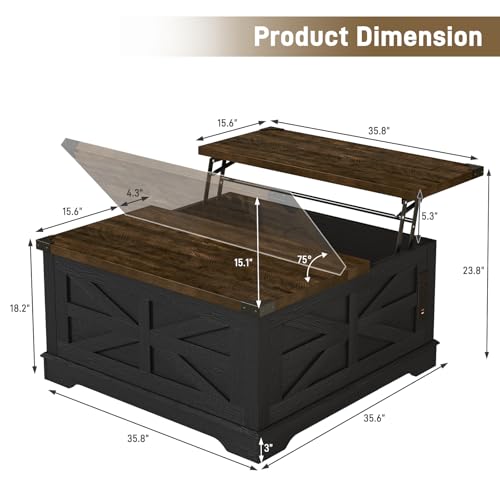 36" Farmhouse Movable Lift Top Coffee Table with Storage and Power Outlets, Square Wood Living Room Tables with Wheels&Large Hidden Space, Lift Wooden Barn Door Center Table, White