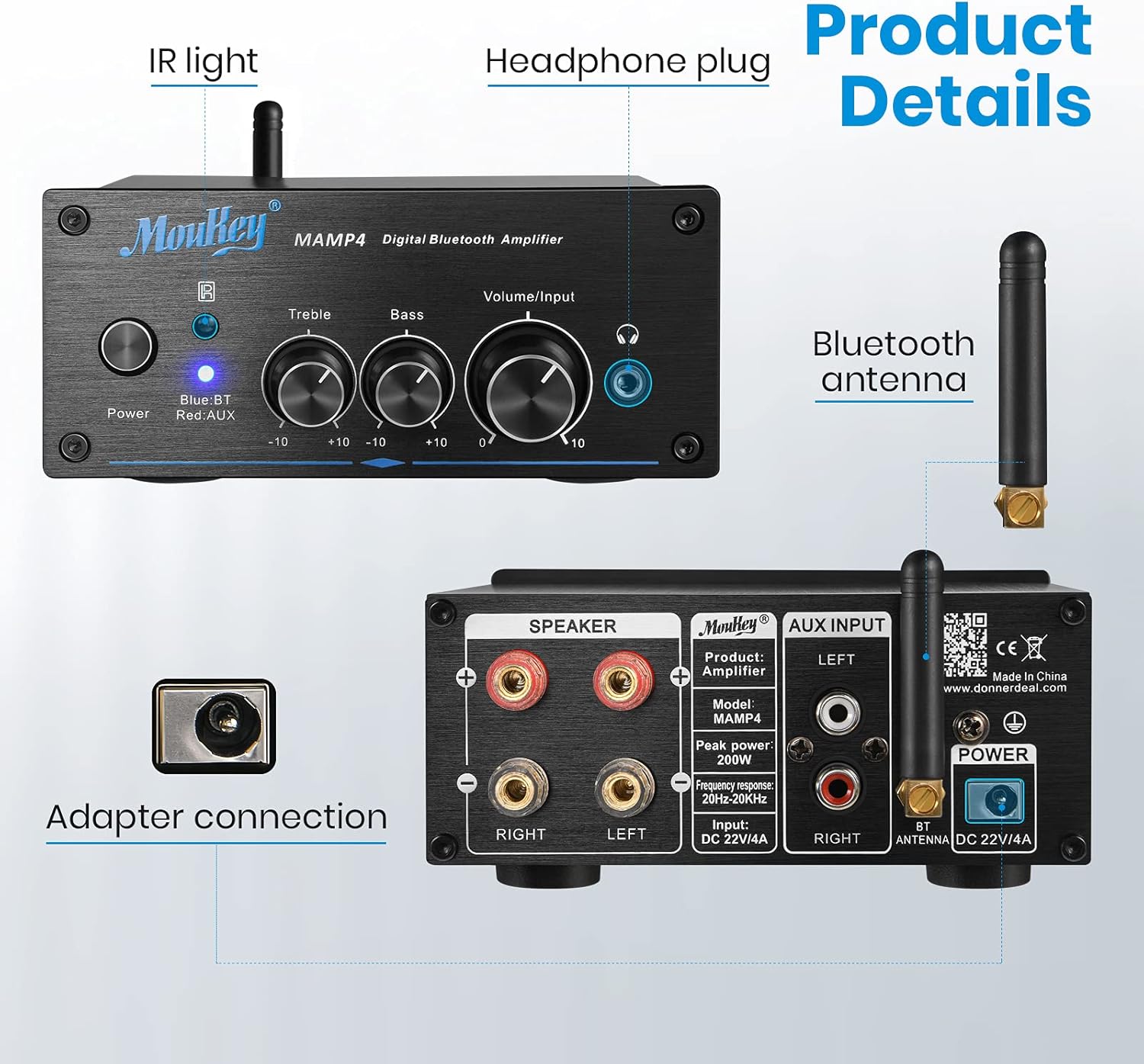 Moukey Mini Amplifier Bluetooth 5.0, 200W Dual 2 Channel Audio Receiver for Speakers, HiFi Power Amp with Headphone Jack, Bass/Treble Remote Control for Home Speakers- MAMP4 Pack of 2