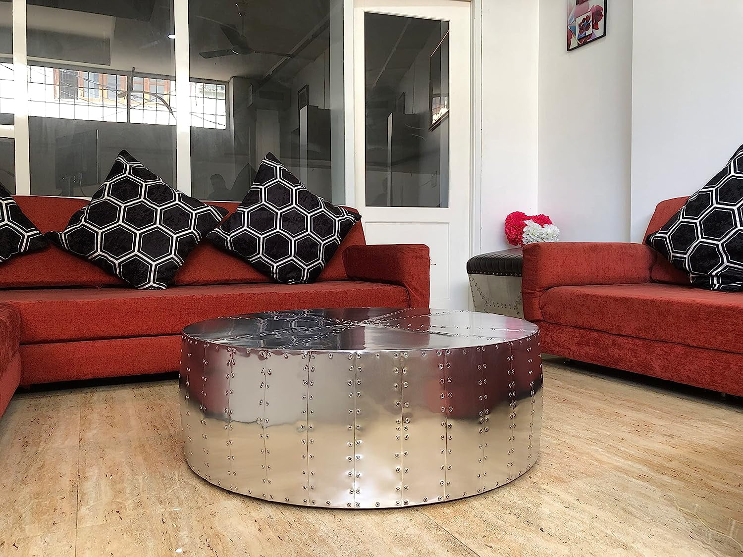 NauticalMart Aluminum Drum Shaped Coffee Table Hammered Coffee Table Aviator Living Room Furniture - Office Decor & Office Furniture (30 Inches)