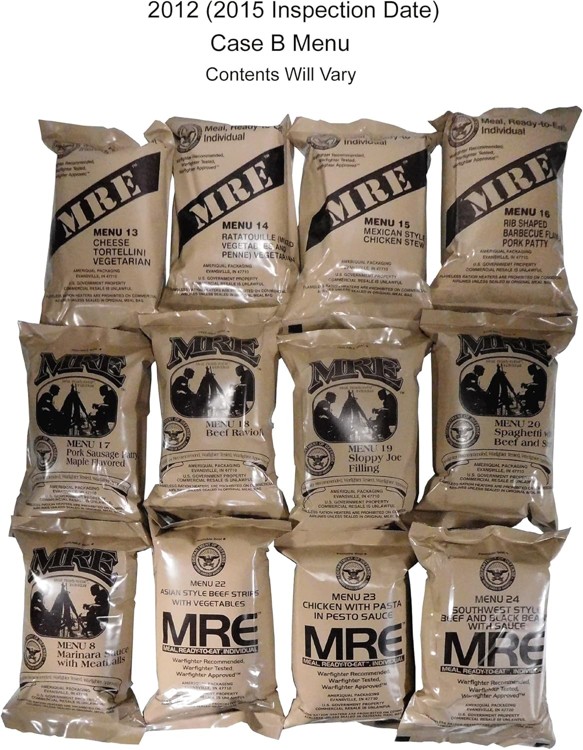 MREs (Meals Ready-to-Eat) Box B, Genuine U.S. Military Surplus, Menus 13-24