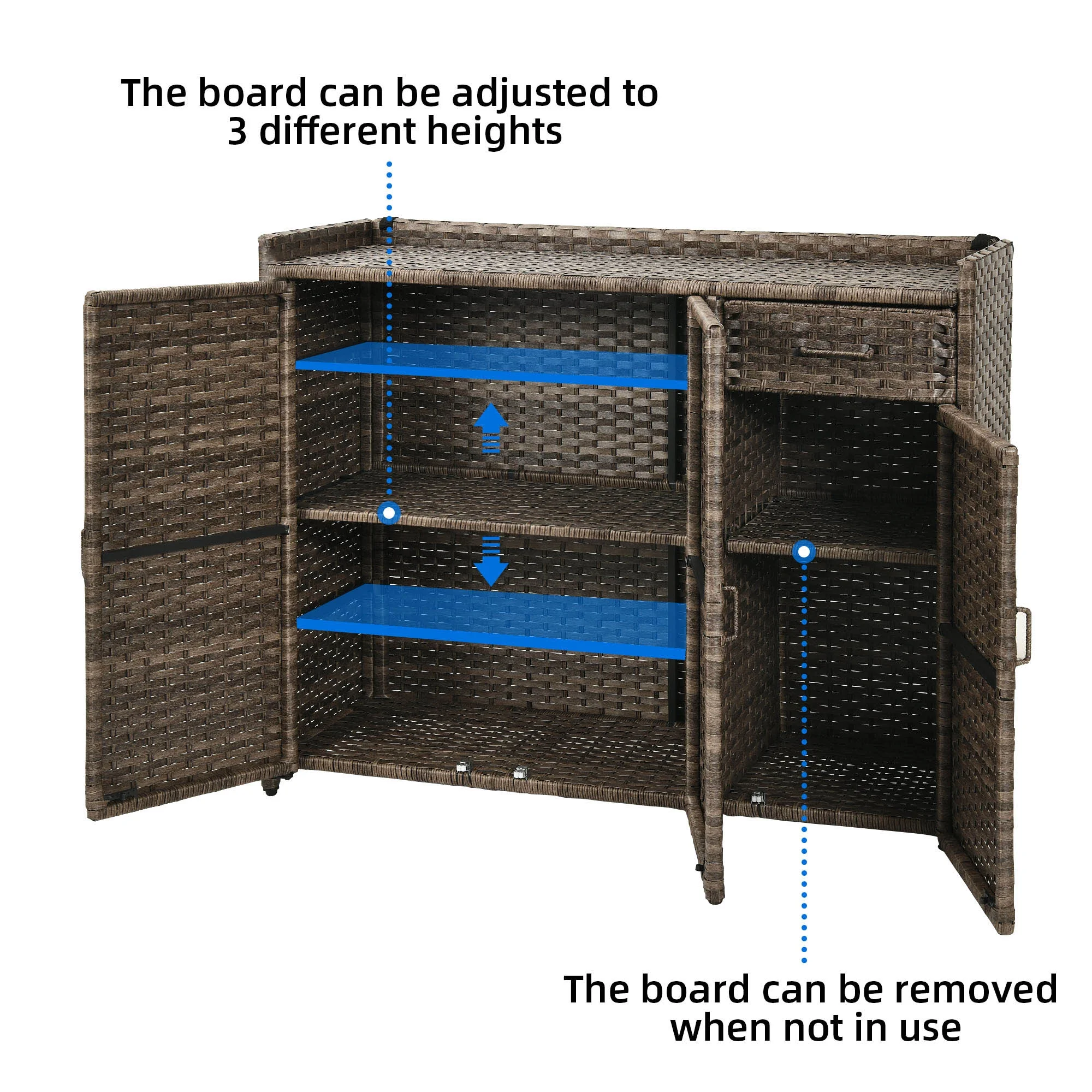 Dextrus Rattan Wicker Patio Organizer Storage Cabinet with 2 Doors, Foldable Drawer, Weather-proof Rattan Bar Table, Storage Box - Brown