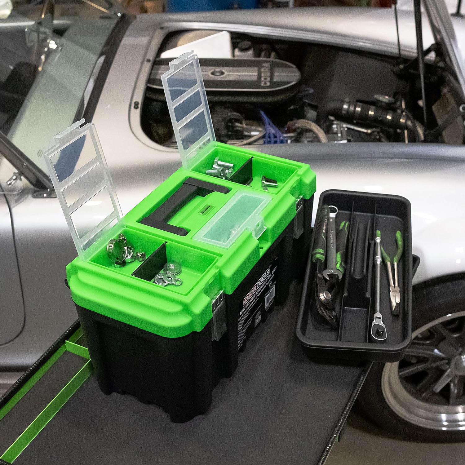 OEMTOOLS 22161 3 Piece Tool Box Set with Removable Tool Tray and Bonus 12.5" Tool Box, Black and Green Intermediate Tool Box Organizational System Pack of 2
