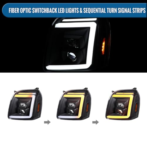 Fits 2007-2014 GMC Yukon XL 1500 2500 Upgraded LED Tube Switchback Sequential Turn Signal Projector Headlights Assembly Pair | Black Smoke
