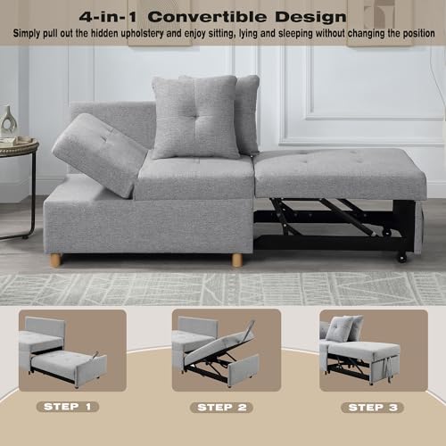 Pull Out Sleeper Sofa Bed Chair 4-in-1 Convertible Chair Bed, Linen Fabric loveseat Sofa with 2 Throw Pillow, Single Recliner for Small Space with 5 Adjustable Backrest, (Light Gray)