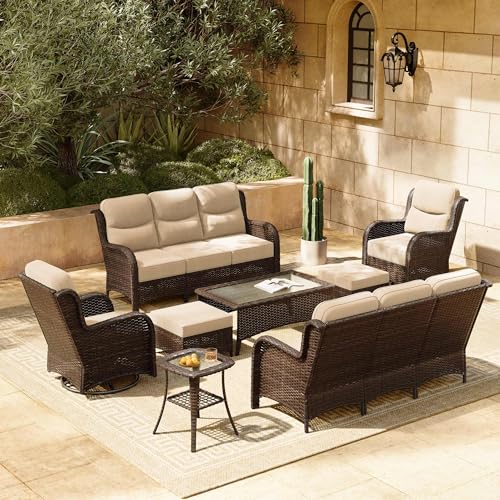 Luxury Patio Furniture Set with 6-inch Thick Cushion, Outdoor Couch and High Back Swivel Rocker Patio Chairs, 7PCS Wicker Conversation Set for Deck, Yard, and Poolside in Blue (V2)